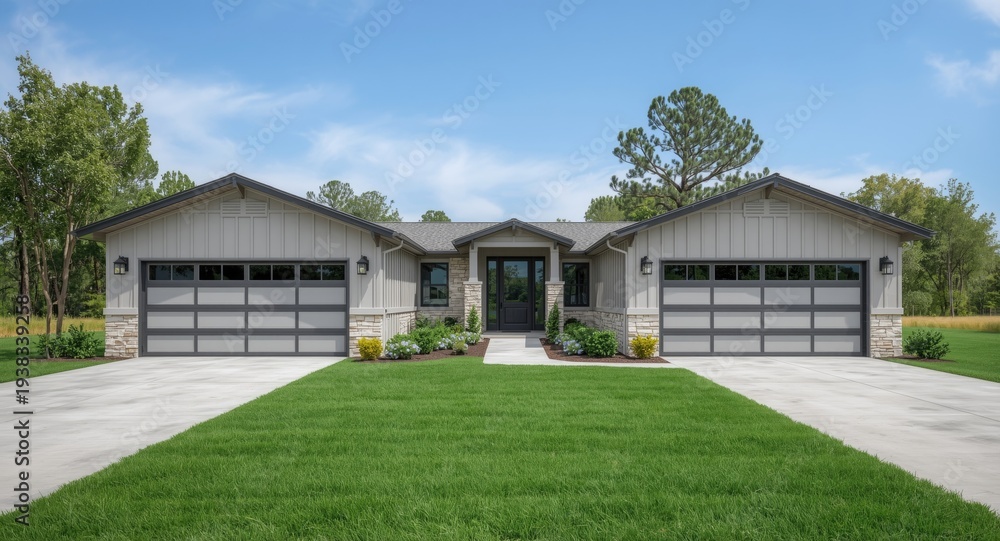 Obraz premium Contemporary large dwelling with dual garage and front doors framed by green grass and bright blue sky copy space