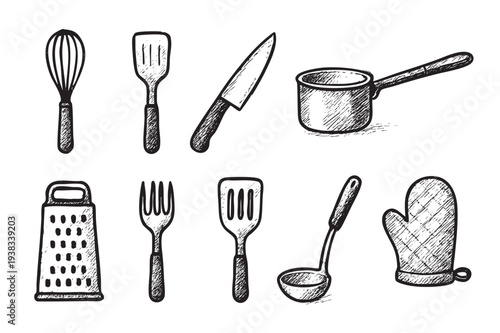 Hand-drawn kitchen utensils sketch collection, including a whisk, spatula, knife, pot, grater, fork, ladle, and oven mitt, on a clean white background perfect for culinary illustrations.