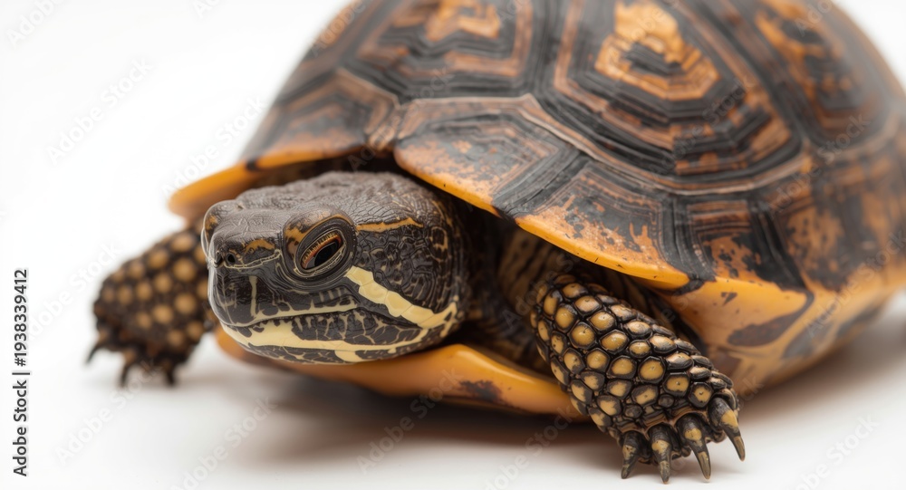 Obraz premium Detailed closeup of adult Eastern box turtle with head fully out on white surface