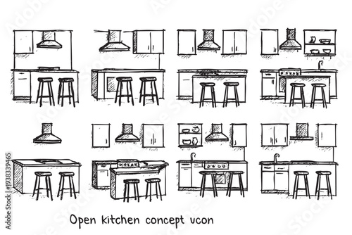 A detailed black and white sketch showcases multiple kitchen island designs with bar stools, offering a variety of layout options for interior design projects.