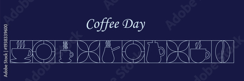 International Coffee Day. October 1st. Geometric Hand drawn banner with simple lines. Coffee elements, cup, beans, and coffee machine.