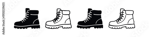 Set of black and white combat boot icons in flat and hand-drawn styles.