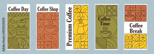 Coffee Themed Geometric Banners Collection. Hand drawn illustration of Coffee. Abstract geometric line background. Coffee icons, line design with simple shapes for coffee shops, cafe walls, and menu.