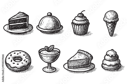 A charming collection of desserts in a vintage sketch style, featuring cake, cupcake, ice cream, and a donut, perfect for menus or foodie illustrations.