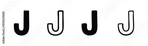 Set of black and white uppercase letter J icons in flat and hand-drawn styles.
