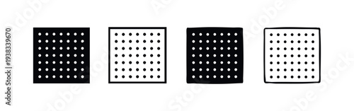 Set of black and white perforated sheet or grid icons in flat and hand-drawn styles.
