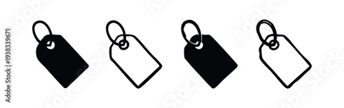 Set of black and white price tag icons in flat and hand-drawn styles.
