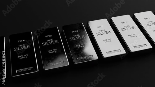 Close-up 999 silver bullion bars with glossy reflections. Ideal for finance, investment and commodity market visuals. Seamless loop animation, part of series.