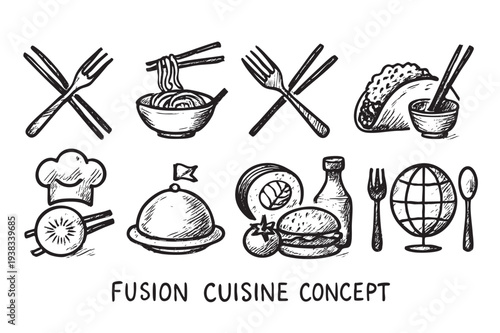 Black and white sketch of fusion cuisine icons featuring dishes from around the world, ideal for restaurants, blogs, and menus showcasing culinary diversity and global flavors.