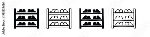 Set of black and white three-tier shoe rack icons in flat and hand-drawn styles.