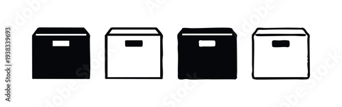 Set of black and white waste bin icons in flat and hand-drawn styles.