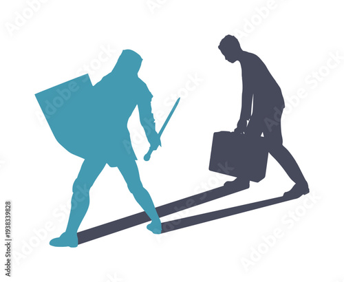 Difference between energy and mood level. Businessman in two versions tired and active. Ready to work and burnout comparison. Knight casting shadow of exhausted businessman walking with briefcase.