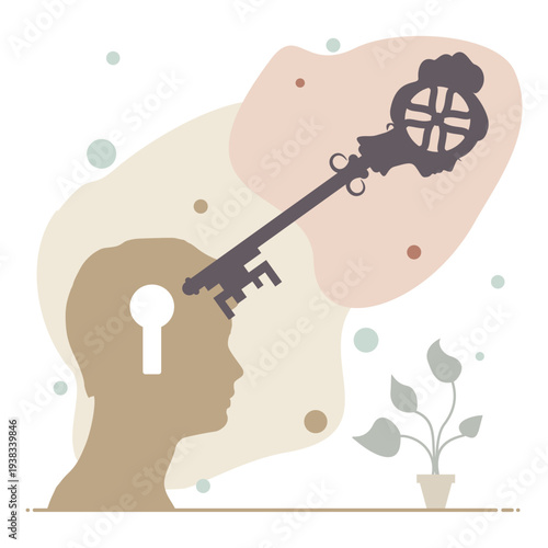 Man and woman relationship problems and conflicts in family and society. A female head shaped like a key tries to unlock male mind. Gender psychology concept. Romantic couple silhouette.