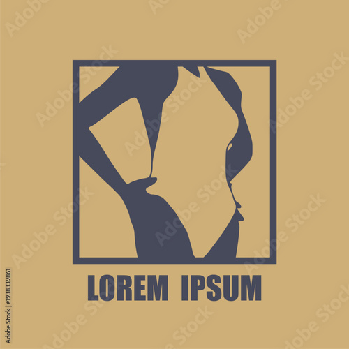 Illustration of a beautiful fashion model posing in a stylish swimsuit. Young attractive woman. Fashion emblem in a rectangle frame.