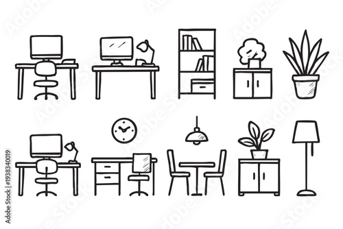 Black and white doodle illustration featuring home office and dining room furniture, perfect for designing floor plans or creative projects.