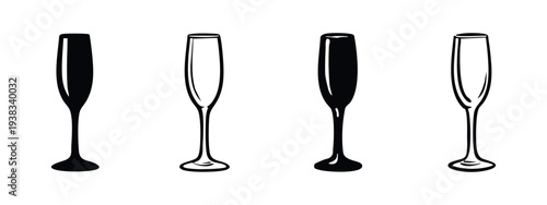 Collection of minimalist champagne flute glass icons in black and outline style