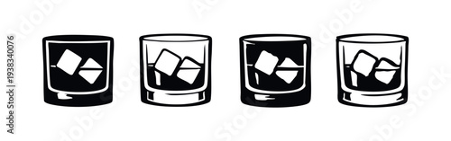 Glass with ice cubes icons set. Drink glass with ice cube silhouette and outline symbol collection.
