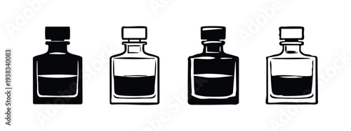 Whiskey decanter and liquor bottle icons in black and outline design