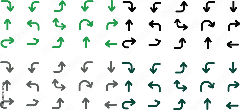 Fototapeta premium Large Set of Minimalist Directional Arrows in Multiple Colors Including Green Black Gray and Dark Teal for Interface Design and Wayfinding