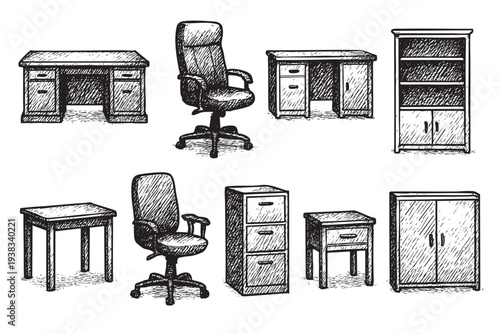 Hand-drawn sketch of various office furniture items, including desks, chairs, filing cabinet, and cupboard, creating a monochrome and graphic illustration style.