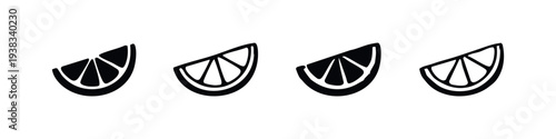 Lemon or lime fruit slices vector icons set. Citrus fruit wedges symbols in black and white.