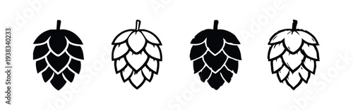 Hops plant cone vector icons for beer brewing. Essential ingredient symbols in black and white.