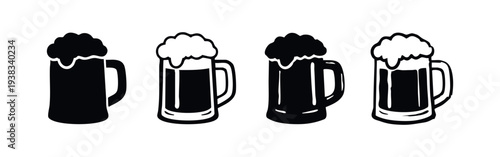 Beer mugs with frothy foam vector icons set. Traditional alcoholic beverage glassware symbols.
