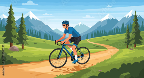 Man Riding Bicycle on Dirt Road in Mountains