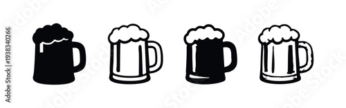 Hand-drawn style beer mugs with frothy foam icons. Artistic alcoholic beverage glassware symbols.