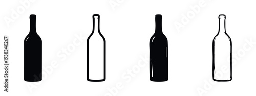 Wine bottles vector icons set. Alcoholic beverage container symbols in black and white.