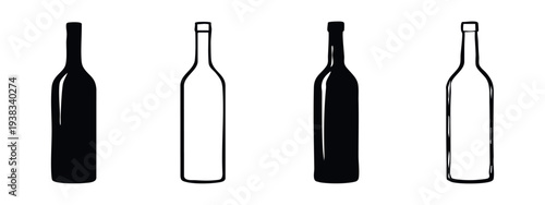 Hand Drawn Wine Bottle Icons Set. Minimalist Alcoholic Drink Bottle Silhouettes for Bar and Restaurant Design.
