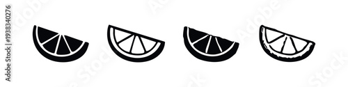 Hand-drawn style lemon or lime fruit slices icons. Artistic citrus fruit wedges symbols.
