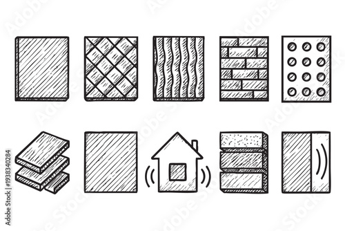 Set of hand-drawn soundproofing materials and house, in black and white, showcasing various insulation options and concepts for home improvement projects.