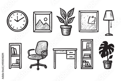 Black and white hand-drawn illustration of office objects including desk, chair, lamp, clock, plants and bookshelves on a white background. Use for stationery, illustration, etc.