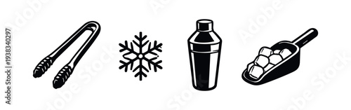 Bar and cold drink accessories icons set. Tongs, snowflake, shaker, and scoop symbols.