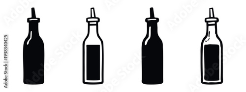 Hand drawn doodle set of olive oil bottles with spouts. Outline and silhouette kitchen cooking utensil icons. Food ingredient vector.