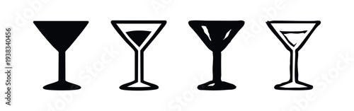 Martini Glass Cocktail Drinkware Icons Set. Elegant Bar Glass Silhouettes for Alcoholic Beverages.
