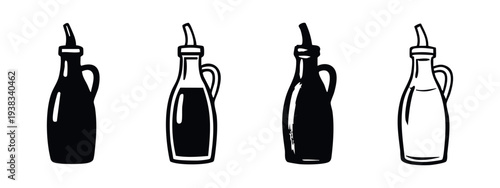 Hand drawn doodle set of olive oil carafes with handles. Outline and silhouette cooking utensil icons. Kitchen ingredient vector illustration.