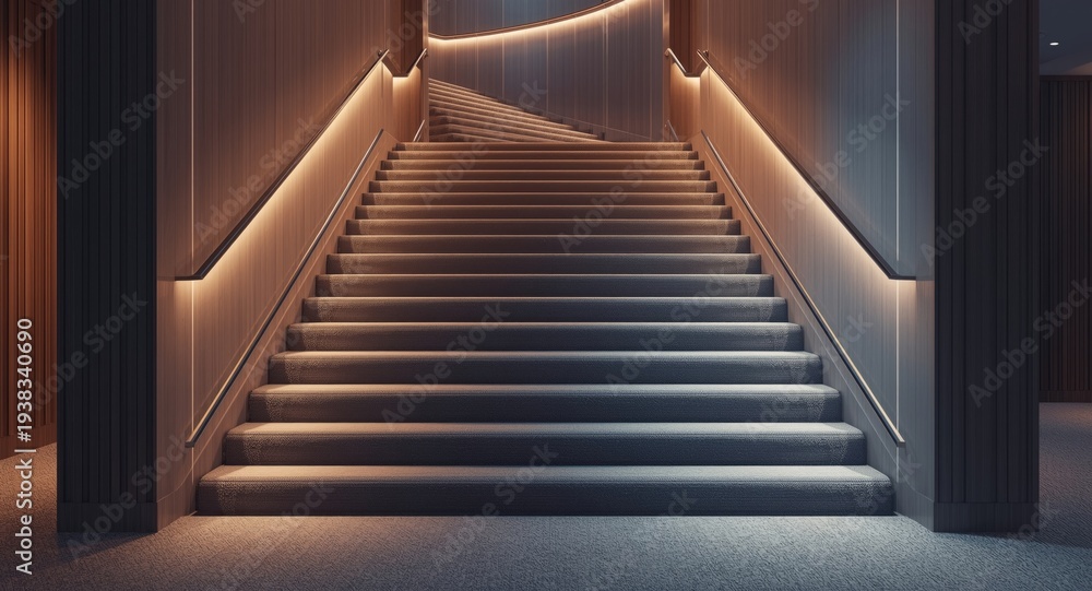 Fototapeta premium Indoor modern staircase with elegant lines and soft gray carpet covering