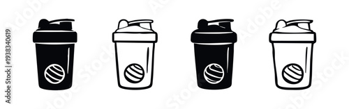 Protein Shaker Bottle Icons Set, Fitness Drink Container Vector, Gym Supplement Shaker Collection, Workout Bottle Graphics