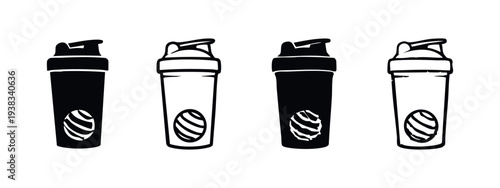 Fitness Protein Shaker Bottle Icons Collection, Gym Supplement Container Vector Art, Workout Drink Shaker Set, Sport Nutrition Bottle Graphics
