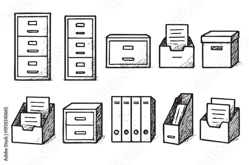 Hand-drawn style set of office filing equipment including filing cabinets, storage boxes, and document holders isolated on a white background for business or design use.