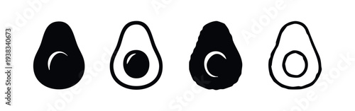 Halved Avocado Fruit Icons Set, Healthy Food Vector Collection, Vegan Ingredient Graphics, Superfood Silhouette and Outline