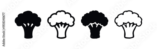 Fresh Broccoli Vegetable Icons Set, Healthy Food Vector Collection, Green Plant Graphics, Vegan Diet Silhouette and Outline