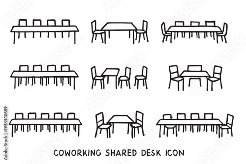 A set of nine simple, hand-drawn icons depicting shared desks and tables, ideal for illustrating coworking spaces and collaborative office environments.