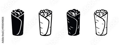 Hand-drawn Burrito Wrap Icons Set. Doodle Mexican Food and Shawarma Vector Collection for Fast Food Concepts.