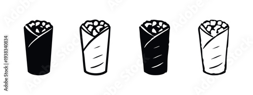 Doodle Burrito Wrap Icons Vector Set. Hand-drawn Shawarma and Kebab Illustrations for Street Food and Takeaway Concepts.