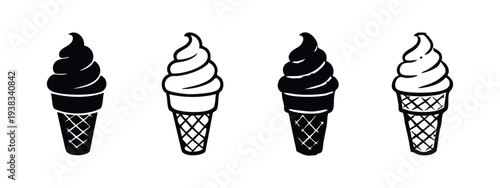 Hand-drawn Soft Serve Ice Cream Cone Icons Set. Doodle Summer Dessert Vector Collection for Sweet Treat Designs.