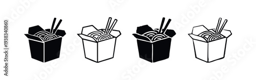 Takeaway Noodles Box with Chopsticks Vector Icon Set. Asian Cuisine Symbol Collection.