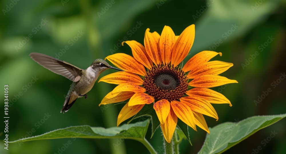 Fototapeta premium Cheerful hummingbird drinking from lively Mexican sunflower amid green foliage